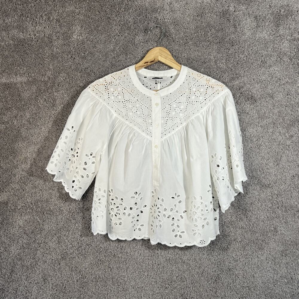 Madewell Women’s XXS White Embroidered Eyelet Short Sleeve Button Up Blouse Top